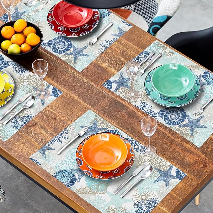 Summer Ocean Placemats Set of 4 Nautical Coastal Blue Starfish Seashell Coral Washable Non-Slip Heat Resistant Place Mats 12x18 Inch Beach Theme Linen Table Mats for Home Kitchen Dining Party Decor