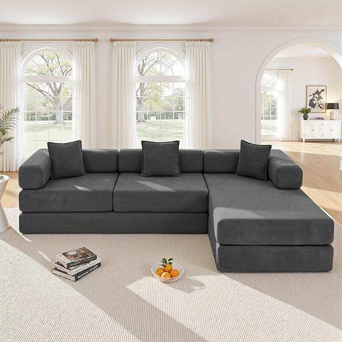 108" Oversized Convertible Sleeper Sofa Bed, Corduroy L Shape Sectional Couch, Folding Sofa Bed with Side Pocket, Modern Cloud Floor Mattress Couch, Modular Sofa for Living Room, Grey