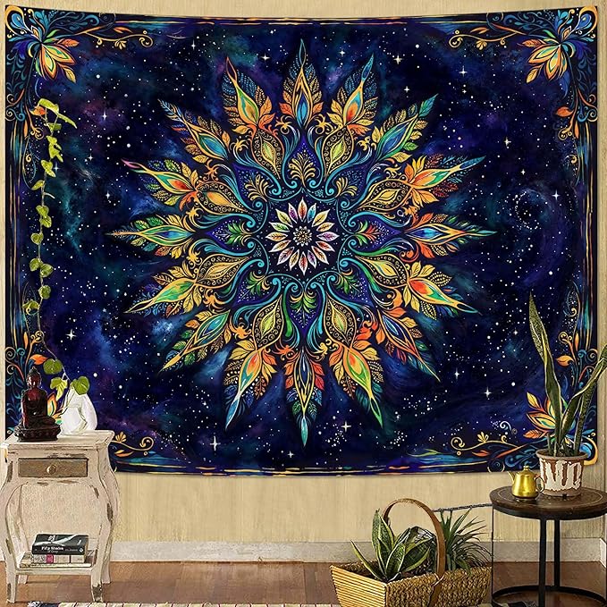 Fowocu Boho Floral Mandala Tapestry for Bedroom Aesthetic Blue Bohemian Colorful Flower Wall Tapestry Purple Hippie Indian Small Tapestries Wall Hanging for Living Room Dorm Decor 60 x 44 Inch