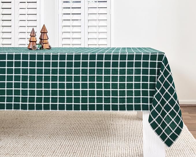 Solino Home Linen Tablecloth 60 x 120 Inch - 100% Pure Linen Windowpane Dark Green Table Cloth for Rectangle Tables - Machine Washable Tablecloth