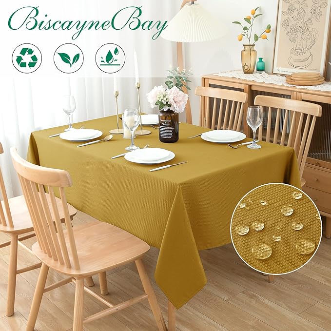 Biscaynebay Textured Fabric Rectangle Christmas Tablecloths 90x156 Inch, Gold Water Resistant Tablecloths for Dining, Kitchen, Wedding, Parties etc. Machine Washable