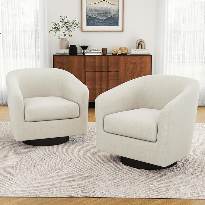 Swivel Barrel Accent Chair, Modern Round Linen Arm Chair for Living Room, Bedroom, Comfy Club Reading Chairs for Adults(Linen Fabric, Beige, Set of 2