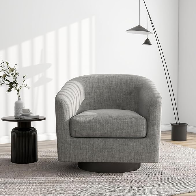 Swivel Barrel Accent Chair, Modern Round Linen Arm Chair for Living Room, Bedroom, Comfy Club Reading Chairs for Adults(Linen Fabric, Light Grey, Set of 4