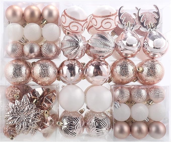 100-Pack Various Shatterproof Christmas Balls, Christmas Decorative Ball Ornaments for Xmas Tree- Rose Gold