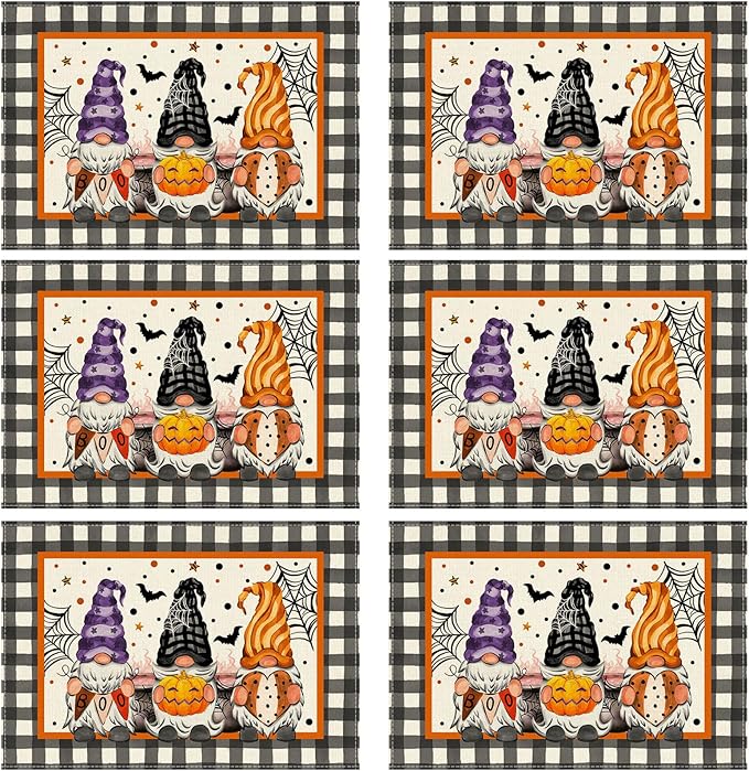 XCHI Spooky Boo Plaid Gnome Halloween Placemats Set of 6 Table Mats for Party Home Kitchen Dining Table Decorations 12x18 Inch