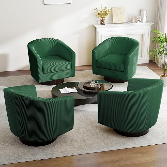 Swivel Barrel Accent Chair, Modern Round Corduroy Fabric Arm Chair for Living Room, Bedroom, Comfy Club Reading Chairs for Adults (Corduroy Dark Green, Set of 2)