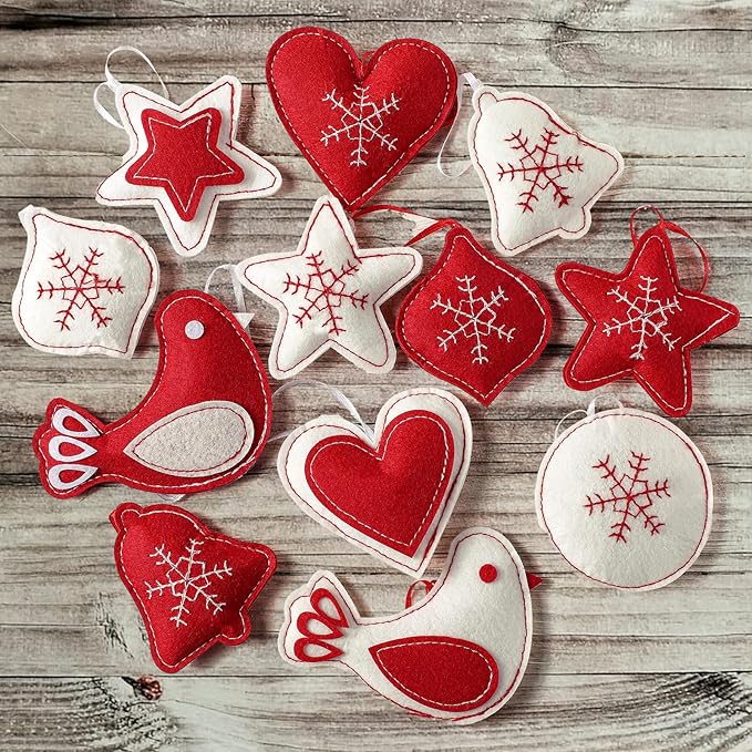 12 Pcs Christmas Felt Ornaments for Tree 3D Snowflake Hanging Decorations Classic Red White Hanging Felt Craft for Christmas Party Favors Gifts