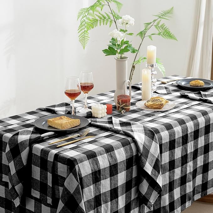 EVERLY 100% Yarn-Dyed Linen Rectangle Tablecloths 60x108Inches for Dining,Buffet Parties,Picnic,Events and Restaurants,Decorative Halloween,Thanksgiving Machine Washable Tablecloths-Black Plaid