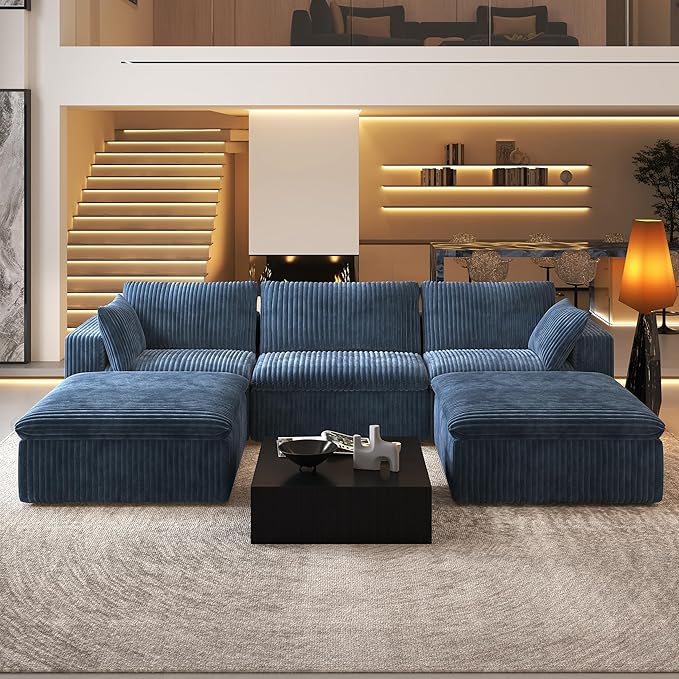 118" U Shaped Modern Sofa Modular Sectional Cloud Couch with 2 Ottoman,Upholstered Couches with Plush Corduroy Fabric for Living Room Furniture,Bedroom and Apartment,No Assembly Required,Blue