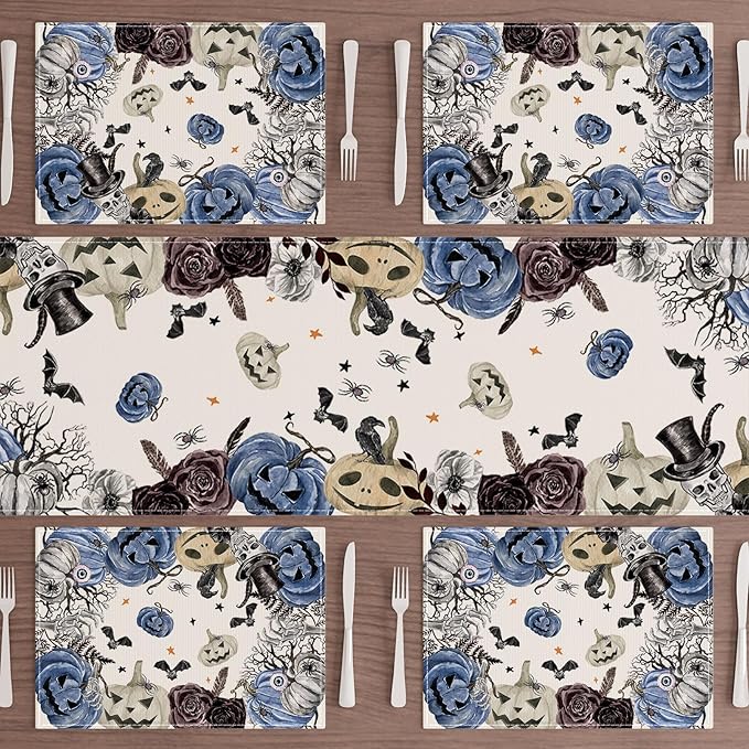 XCHI Spooky Blue Pumpkin Halloween Placemats Set of 6 Table Mats for Party Home Kitchen Dining Table Decorations 12x18 Inch