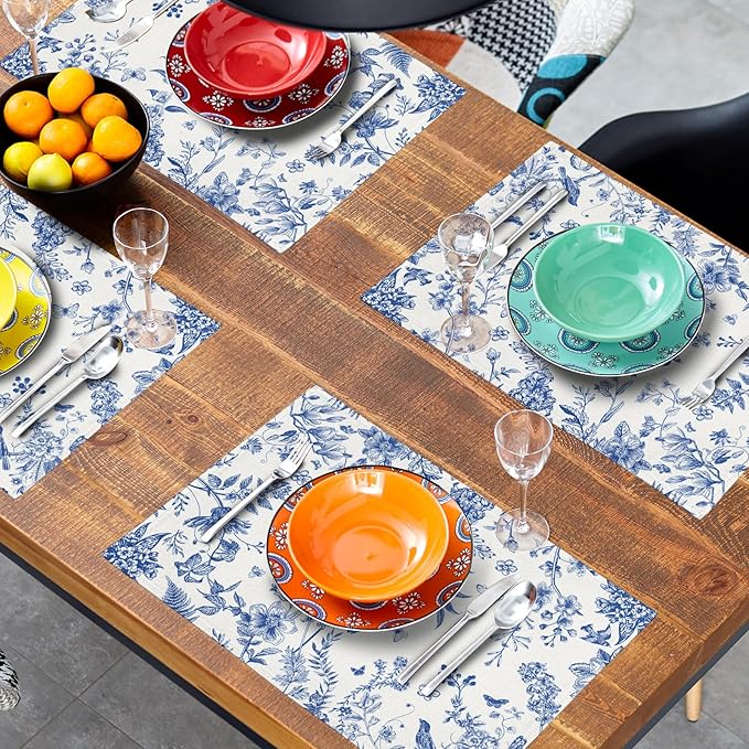 Blue White Floral Placemats Set of 4 Spring Summer Hydrangea Flowers Branches Washable Non-Slip Heat Resistant Place Mats 12x18 Inch Chinoiserie Linen Table Mats for Home Kitchen Dining Party Decor