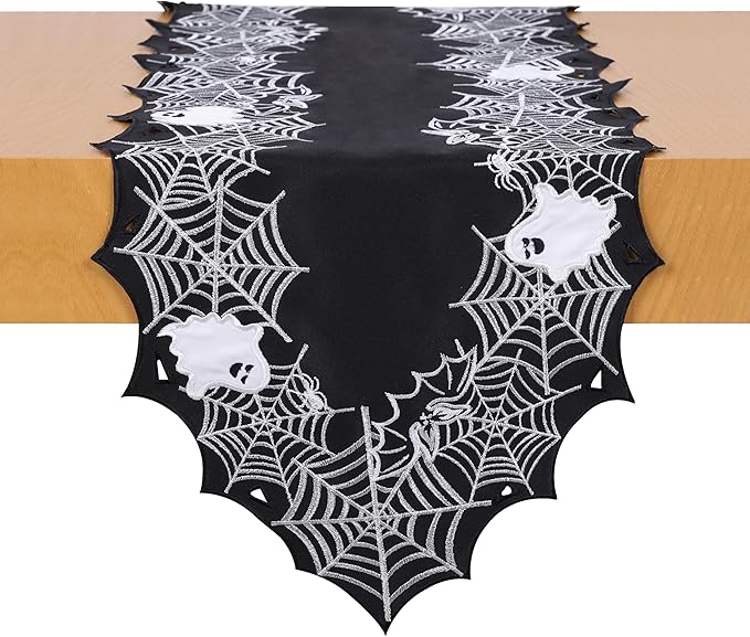Chlophy Halloween Table Runner Black Spider Web Table Runner Gothic Embroidered for Kitchen Dining Halloween Dรฉcor Home Party Table Decoration 72in