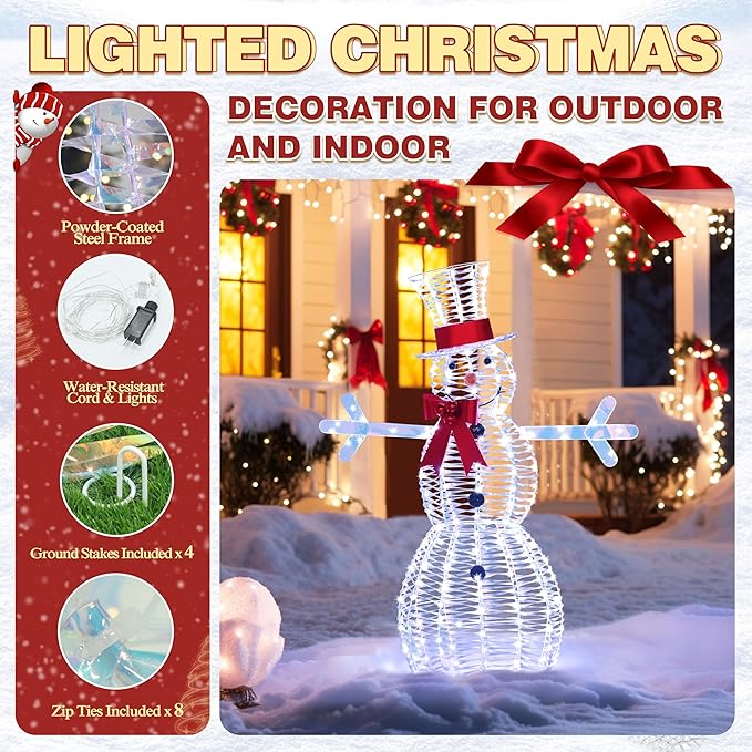 4.5FT Lighted Snowman for Christmas Decoration, 3D Pre-Lit Iridescent Snowman Xmas Decor with 100 LED Lights, Glittered Standing Holiday Display for Outdoor, Indoor