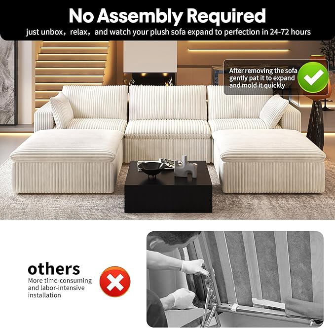 118" U Shaped Modern Sofa Modular Sectional Cloud Couch with 2 Ottoman,Upholstered Couches with Corduroy Fabric for Living Room Furniture,Bedroom and Apartment,No Assembly Required,White