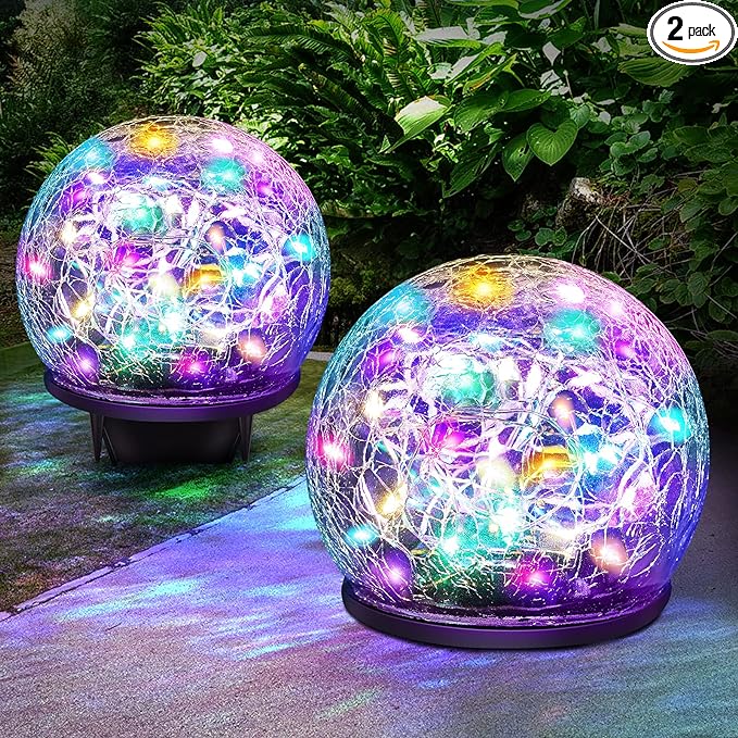 Solar Garden Lights, 2 Pack 80 LED Multicolor Cracked Glass Solar Outdoor Lights Decorative, Upgraded Waterproof Ball Light for Yard Pathway Patio Lawn Christmas Outside Decor, 5.9"