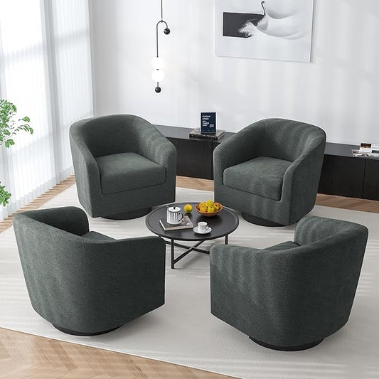Swivel Barrel Accent Chair, Modern Round Chenille Fabric Arm Chair for Living Room, Bedroom, Comfy Club Reading Chairs for Adults(Chenille Fabric, Grey, Set of 4