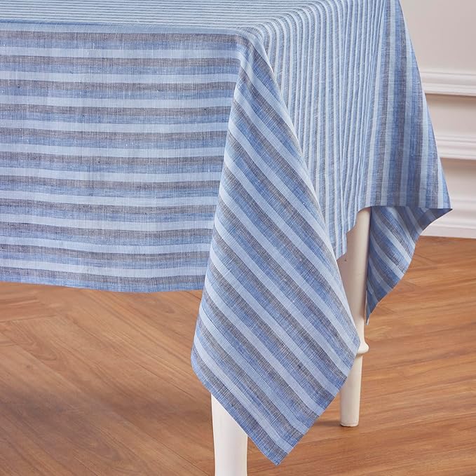 Solino Home Linen Tablecloth 60 x 120 Inch - Amalfi Stripe 100% Pure Linen Bistro Blue Table Cloth for Rectangle Tables - Machine Washable Tablecloth