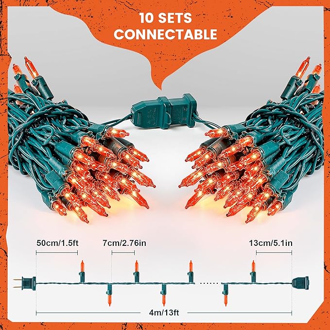 Orange Halloween Tree Lights with Green Wire,13ft 50 Incandescent Bulb Waterproof Fairy Lights,Plug in Mini String Lights for Christmas, Patio, Holiday, Party, Home, Indoor Outdoor Decor
