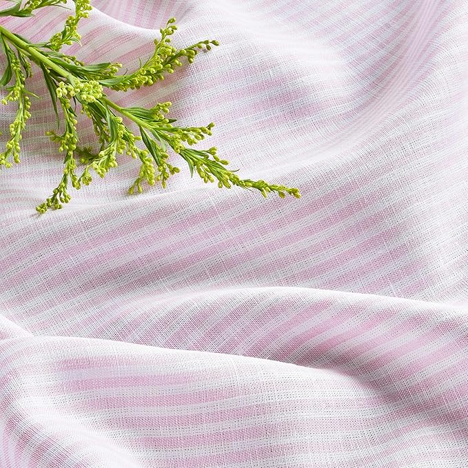 Solino Home Linen Tablecloth 60 x 120 Inch - Narrow Stripe 100% Pure Linen Pink and White Table Cloth for Rectangle Tables - Machine Washable Tablecloth for Halloween