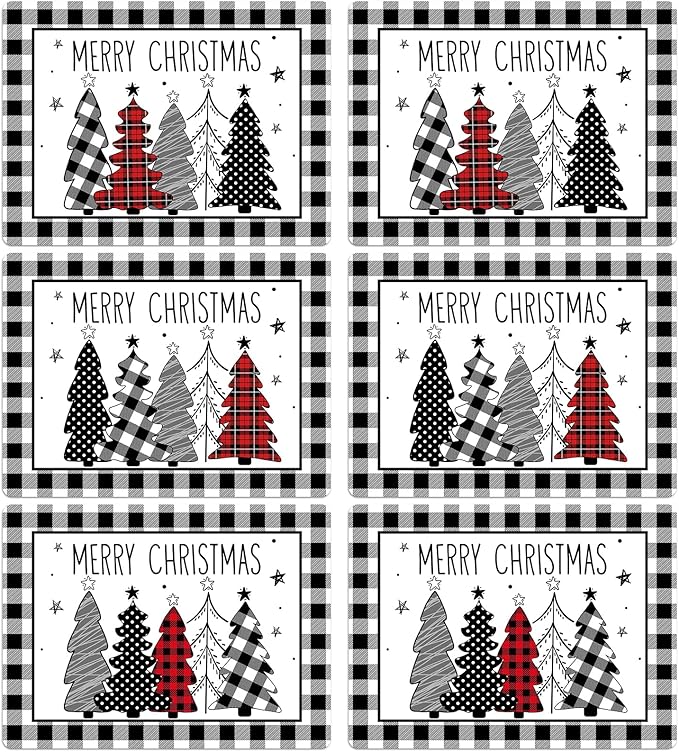 Christmas Placemats Set of 6 Christmas Tree Plastic Table Mats Xmas Trees Black and White Buffalo Plaid Place Mats Winter Holiday Table Decoration for Indoor Outdoor Party Kitchen Dining