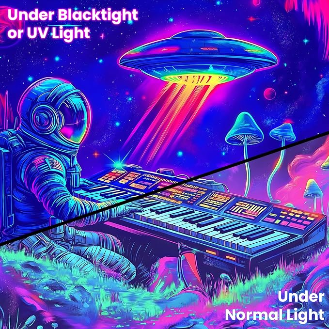 BVBOX Astronaut Space Blacklight Tapestry 79"x59", UV Reactive Astronaut Electronic Piano UFO Galaxy Planet Glow in Dark Music Tapestries, Black Light Neon Upright Poster Wall Hanging Backdrop Decor for Bedroom Living Room