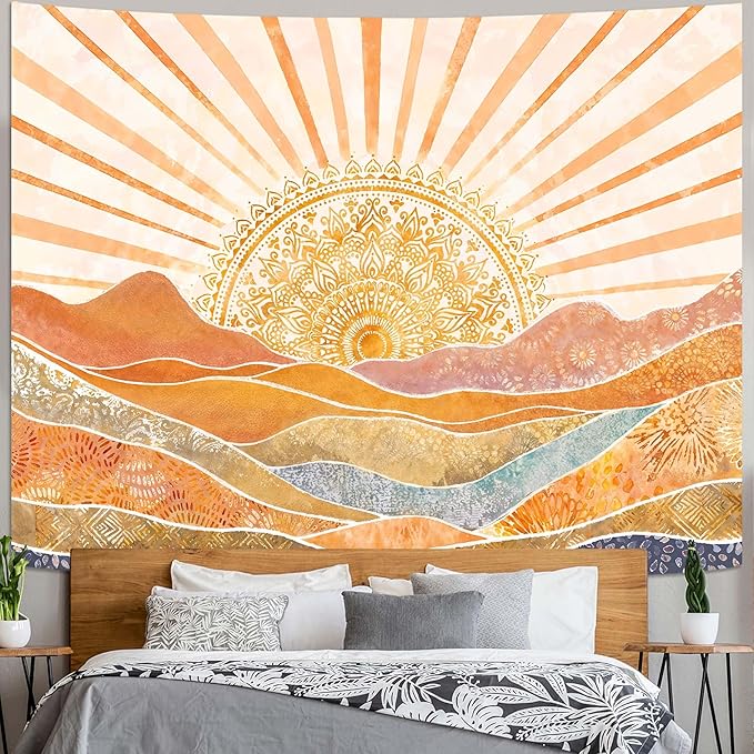 Lunerfex Bohemian Mandala Sunrise Wall Tapestry, Abstract Mountain Scenery Tapestries for Home Decor, Boho Tapestry 60x44 Inch