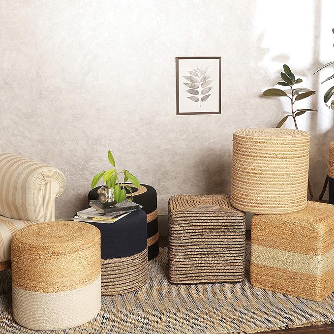 REDEARTH · Cylindrical Pouf Foot Stool Ottoman - Jute Braided Pouffe Poof Sitting Footrest for The Living Room, Bedroom, Nursery, Patio, Lounge & Other Rooms in Home (14.5”x14.5”x16”; Natural Ivory)