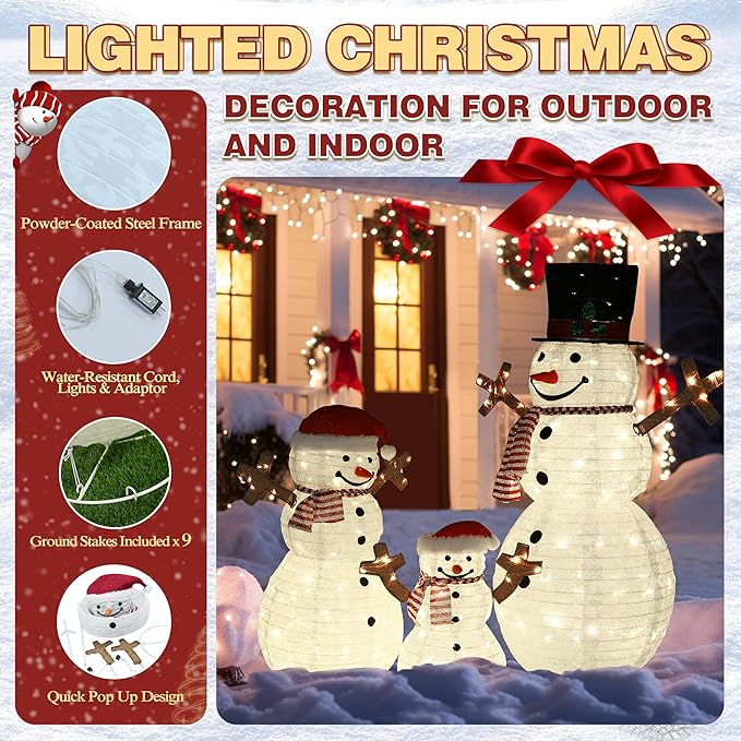 4FT Pop-Up Snowman Family, Pre-Lit Holiday Decoration Sign with 270 LED Lights, Customized Placement Holiday Display for Indoor, Outdoor