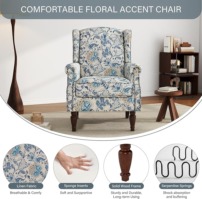 UIXE High Back Floral Accent Chairs Set of 2, Upholstered Armchair in Fabric, Retro Printed Wingback Arm Chair for Living Room, Nailhead Trim Single Sofa Bedroom Reading Seat - Boho Blue