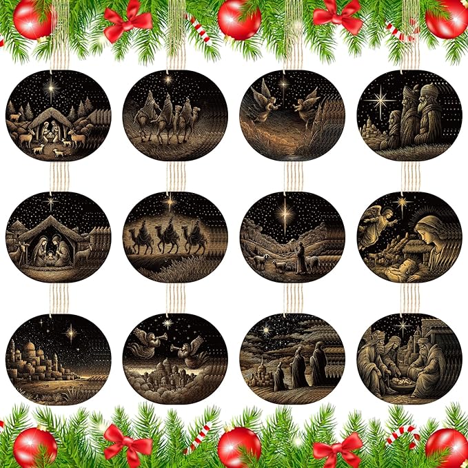 Soaoo 60 Pcs Nativity Scene Christmas Tree Ornament Christian Religious Ornaments Bulk Round Nativity Xmas Tree Hanging Wooden Decorations for Garden Yard Outdoor Home (Regular Style)