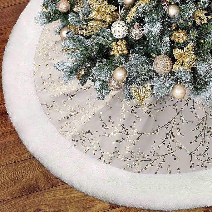 Christmas Tree Skirt, Gold White 36 Inch Faux Fur Plush Christmas Decorations Tree Base Mat Thick Velvet Rugs for Holiday Home Decor Party Xmas