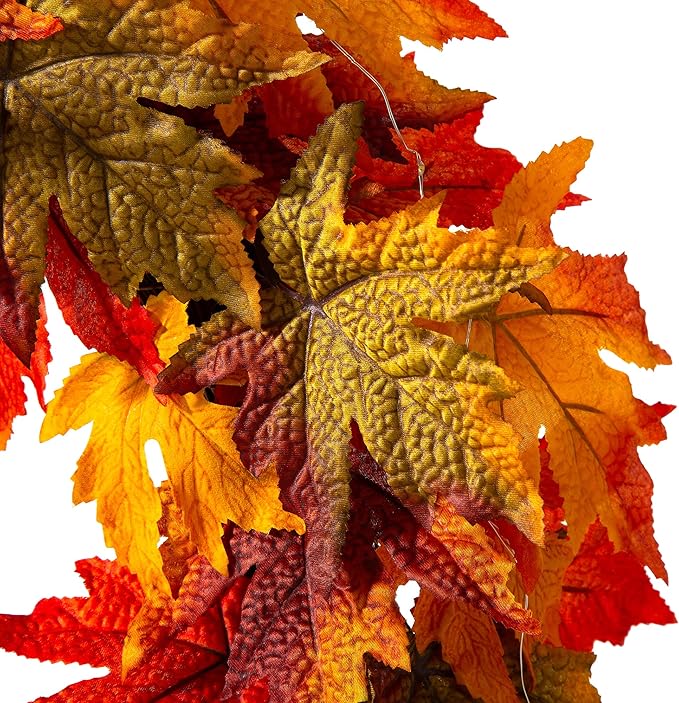 Glitzhome 24 Inch Pre-lit Fall Wreath, Autumn Wreath for Front Door, Lighted Maple Leaves Wreaths with Timer for Thanksgiving Halloween Christmas Wall Front Porch Home Decoration
