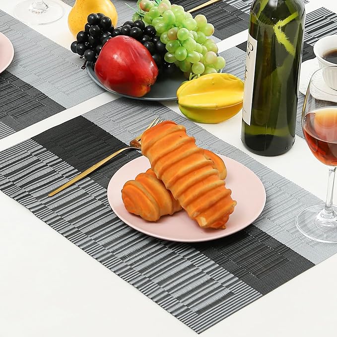 Leetaltree Grey with White Striped Placemats Set of 4 - Heat Resistant Non-Slip Place mats for Dining Table, Washable Durable PVC Vinyl Woven Table Mats(Grey Stripe, 4)