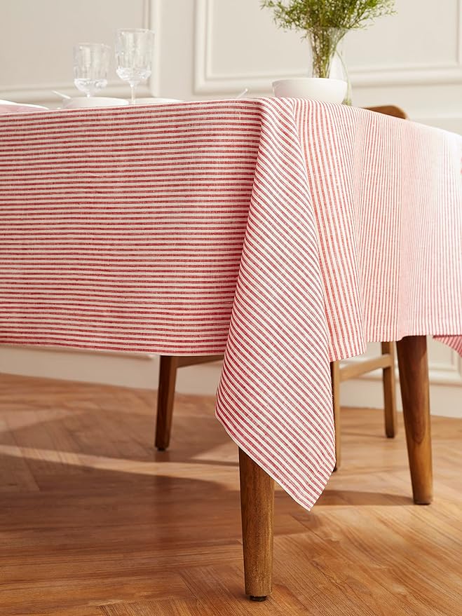 Solino Home Linen Striped Tablecloth 60 x 144 Inch - 100% Pure Linen Red and White Table Cloth for Rectangle Tables - Narrow Stripe, Machine Washable Tablecloth