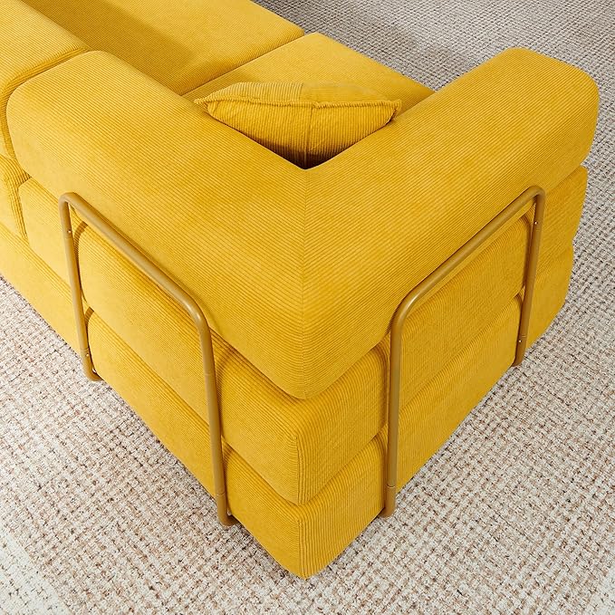 108" Oversized Convertible Sleeper Sofa Bed, Corduroy L Shape Sectional Couch, Folding Sofa Bed with Side Pocket, Modern Cloud Floor Mattress Couch, Modular Sofa for Living Room, Yellow