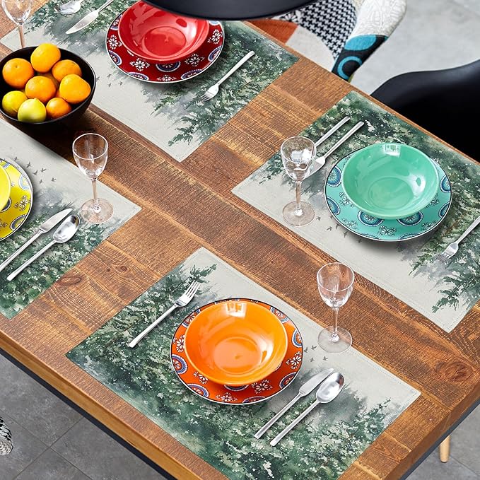 Green Watercolor Tree Christmas Placemats Set of 4 Seasonal Winter Theme Place Mats 12x18 Inch Xmas Holiday Washable Table Mats for Home Party Kitchen Dining