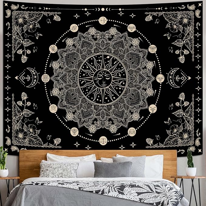 Lunerfex Sun and Moon Mandala Tapestry Boho Tapestry for Bedroom Black and White Tapestries Wall Hanging Living Room Wall Art and Home Decor 44x60