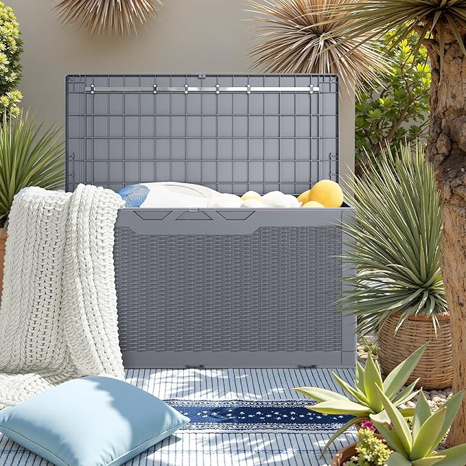 JUMMICO 100 Gallon Resin Deck Box with Cushion, Waterproof Outdoor Storage Box with Lockable Lid for Garden Tools, Patio Cushions (Gray)
