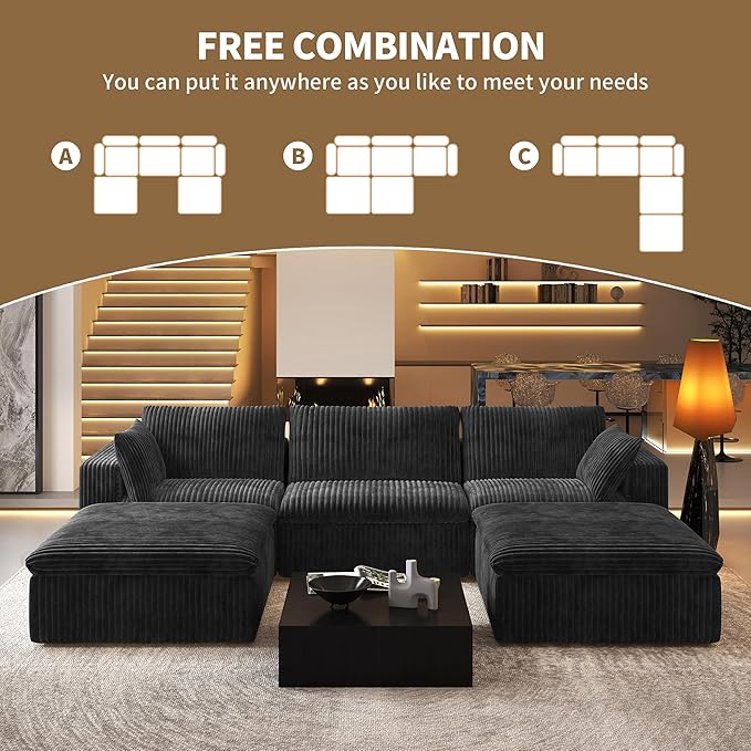 118" U Shaped Modern Sofa Modular Sectional Cloud Couch with 2 Ottoman,Upholstered Couches with Plush Corduroy Fabric for Living Room Furniture,Bedroom and Apartment,No Assembly Required,Black