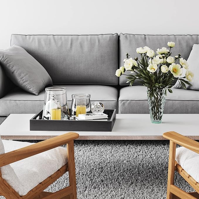 Wood Serving Tray with Handles, Home Decorative Wooden Rectangle Ottoman Decor Platter Vanity Tray for Breakfast Dinner Drinks Kitchen Dining Living Bathroom Restaurants Black