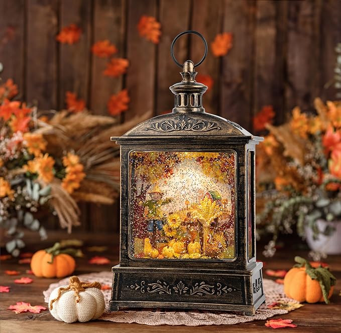 12.5'' Fall Snow Globe Lantern - Thanksgiving Glittering Lighted Lantern, Fall Decorations Autumn Harvest Day Gifts, Home Fall Halloween Decor (Scarecrow &Turkey)