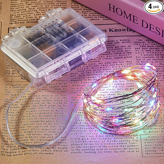 4 Pack 65.6 Ft. Battery Operated Outdoor String Lights with Remote & Timer, LED Multi Color Fairy Lights, Waterproof Twinkle Lights for Bedroom, Dorm, Mason Jar, Wedding, Party, Christmas