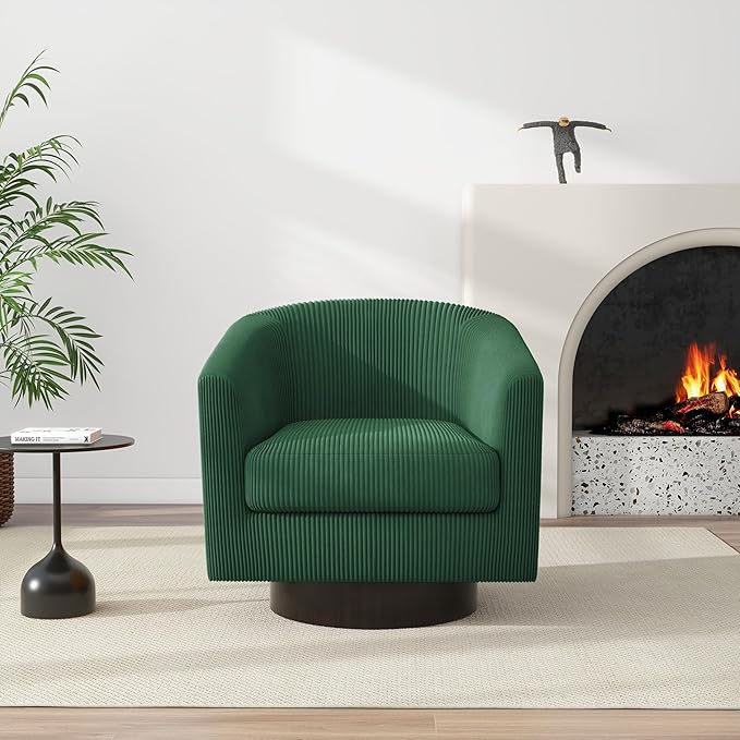 Swivel Barrel Accent Chair, Modern Round Corduroy Fabric Arm Chair for Living Room, Bedroom, Comfy Club Reading Chairs for Adults (Corduroy Dark Green, Set of 4)