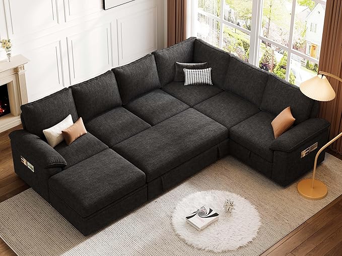 108 Inch Modular Sectional Sofa with Pull Out Bed,U Shaped 7 Seat Sectional Sleeper Sofa with Storage,Sectional Couches for Living Room,Cloud Modular Couch,Removable Sofa Cover,Black