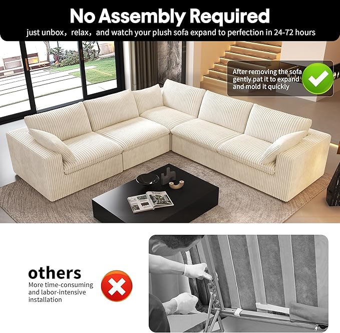 118" V Shaped Corner Modern Sofa Modular Sectional Cloud Couch,Deep Seat Upholstered Couches with Plush Corduroy Fabric for Living Room Furniture,Bedroom and Apartment,No Assembly Required,White