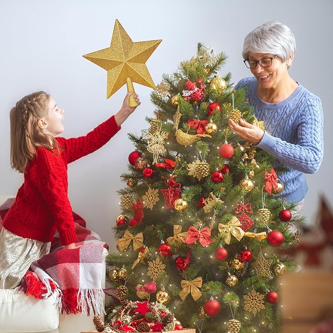 Christmas Tree Topper, 1PCS 10" Gold Glitter Star Tree Topper, Large Xmas Shatterproof Mini Bethlehem Star Tree Topper Decorations, Waterproof Christmas Decor for Holiday Home Outdoor Ornament