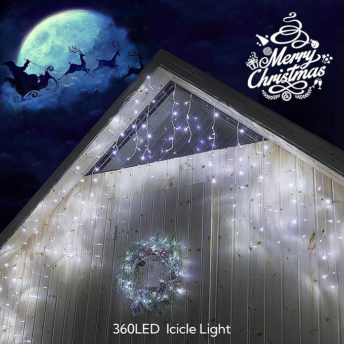 Hopolon 33FT 360L LED Christmas Icicle Lights Outdoor Waterproof,8 Modes Plug in Curtain String Lights with 60 Drops,Christmas Lights for Wedding,Party,Bedroom,Home,Garden,Wall Decorations(White)