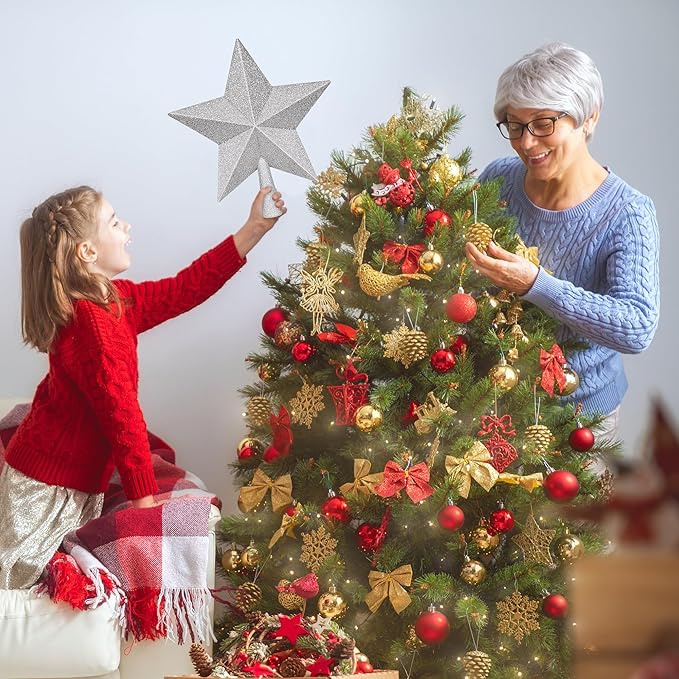 Christmas Tree Decoration, 10" Silver Christmas Tree Topper with Glitter, Large Bethlehem Star Xmas Tree Topper Decor, Waterproof Shatterproof Tree Topper for Christmas Holiday Home Indoor Outdoor