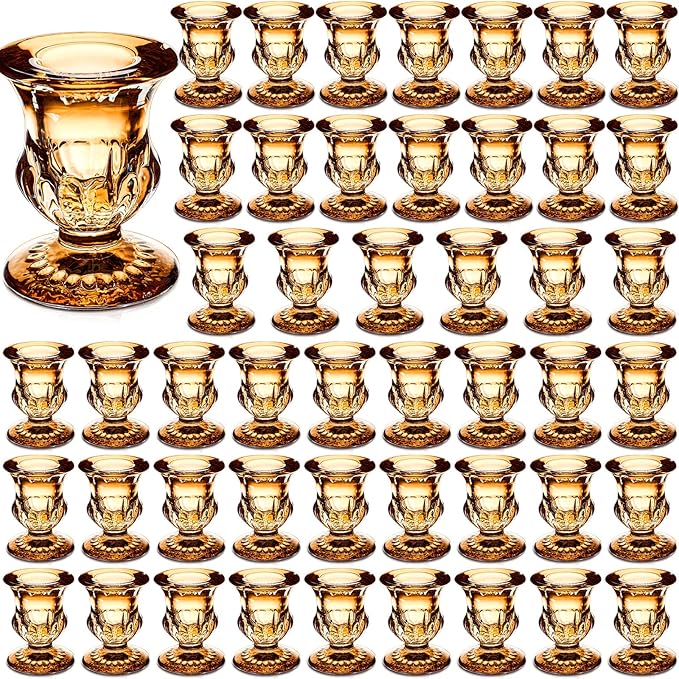 Foaincore 48 Pcs Glass Candlestick Holders Bulk 2.5 Inch Taper Candle Holders Small Ritual Candle Stand Table Centerpieces for Wedding Christmas Valentine's Festival Party Dining Decorations(Gold)