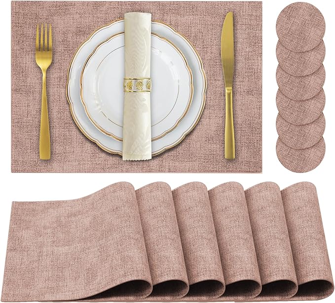 Faux Leather Placemats Set of 6,Heat Resistant Placemats for Dining Table, Easy Clean Non-Slip Place Mats, Waterproof Stain Resistant Wipeable Washable PU Table Mats, (Pink)